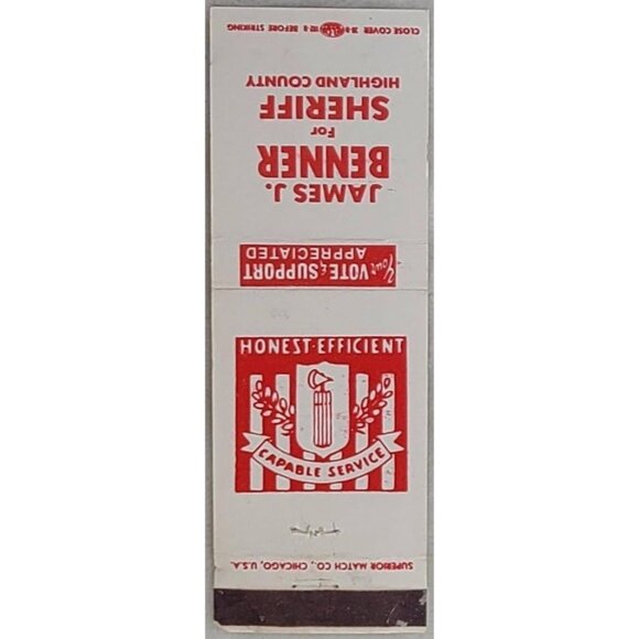 Vintage James J Benner Highland County Ohio Sheriff Matchbook Cover - Picture 2 of 4